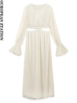 Женское модное платье миди с пайетками 2023, винтажное платье миди с круглым вырезом и длинным рукавом, на молнии сзади, женские платья vestidos mujer